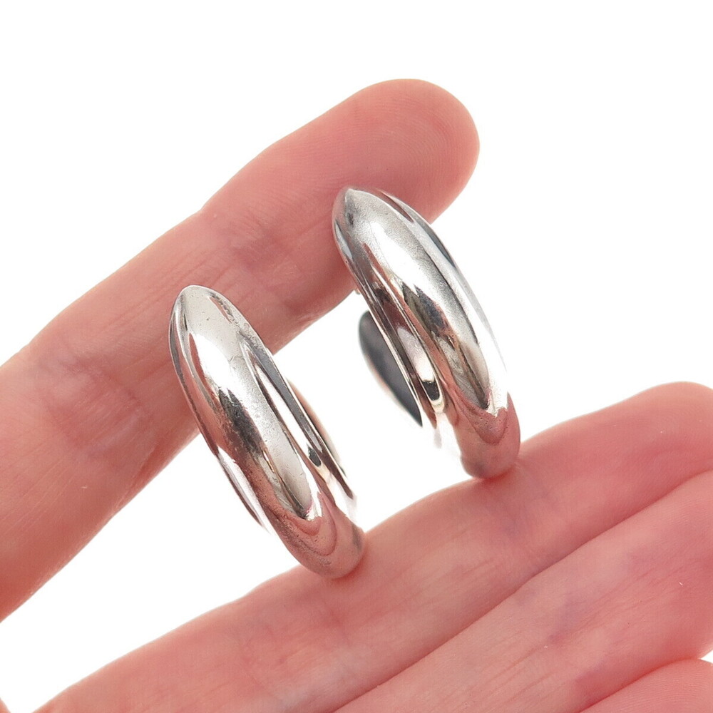 925 Sterling Silver Vintage Modernist Crescent Oxidized Hoop Earrings